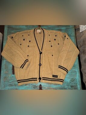 Taylor Swift Fearless Tan Cable Knit Cardigan with Black Trim & Star Embroidery